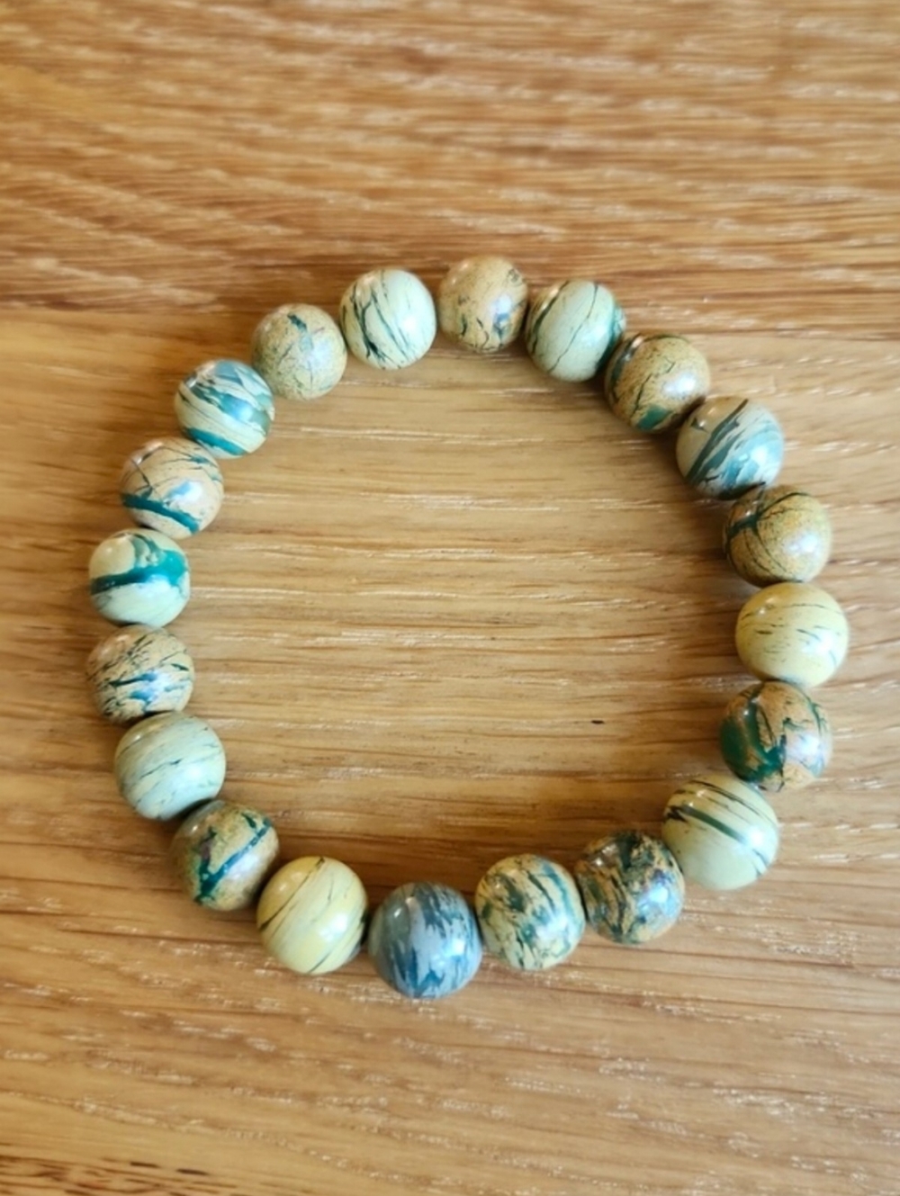 Green Line Jasper Beaded Stretch Bracelet - Handmade